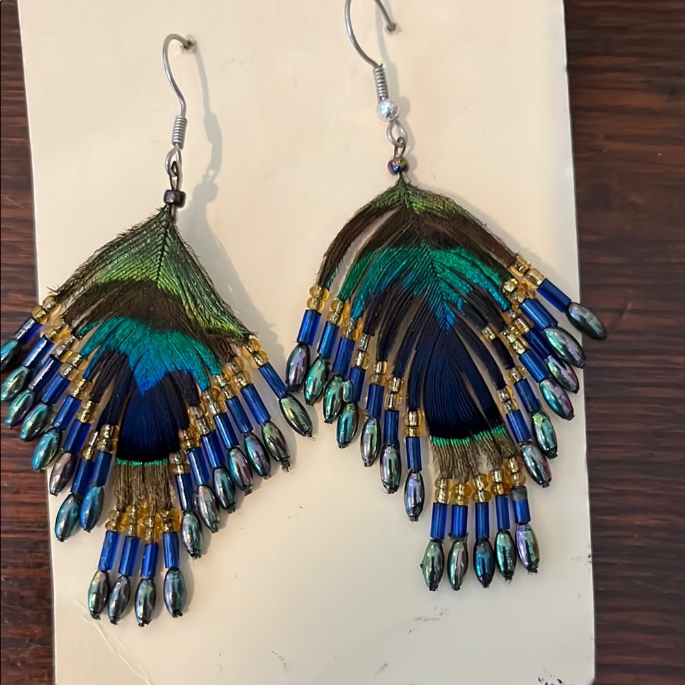 Peacock Feather Earrings with Blue and Green Accents
